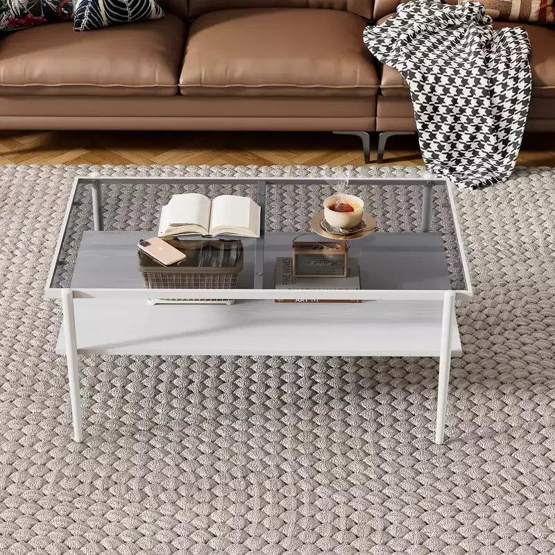 Rectangle Coffee Table with Gray Tempered Glass Top and Legs, Modern Living Room Table
