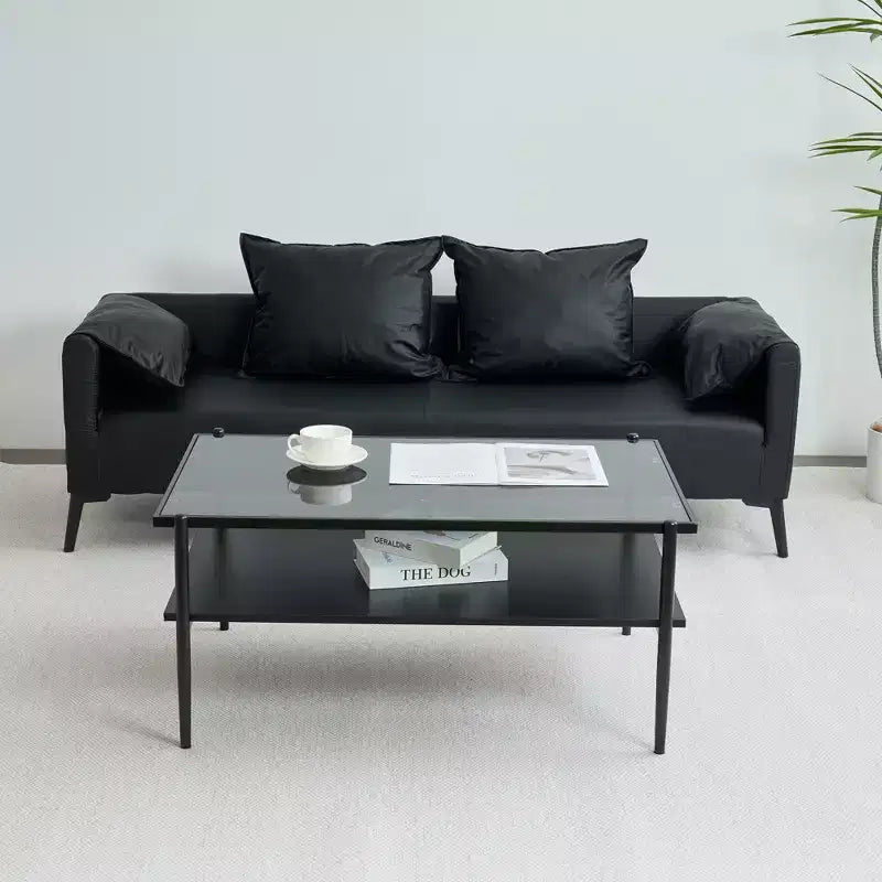 Rectangle Coffee Table with Gray Tempered Glass Top and Legs, Modern Living Room Table