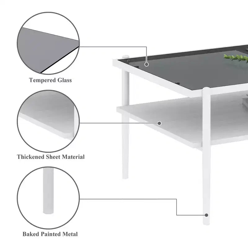 Rectangle Coffee Table with Gray Tempered Glass Top and Legs, Modern Living Room Table
