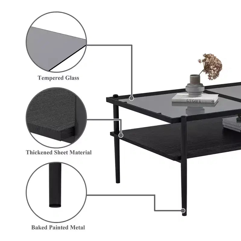 Rectangle Coffee Table with Gray Tempered Glass Top and Legs, Modern Living Room Table