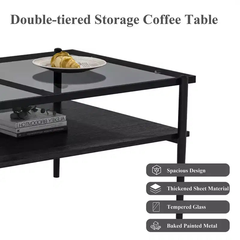 Rectangle Coffee Table with Gray Tempered Glass Top and Legs, Modern Living Room Table