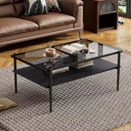 Rectangle Coffee Table with Gray Tempered Glass Top and Legs, Modern Living Room Table