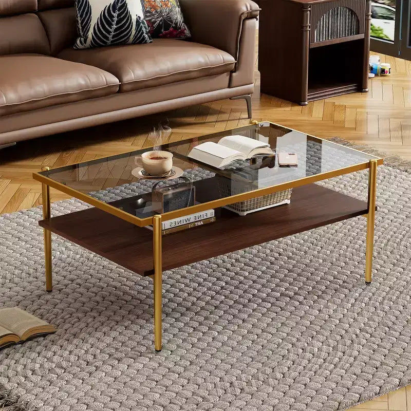 Rectangle Coffee Table with Gray Tempered Glass Top and Legs, Modern Living Room Table