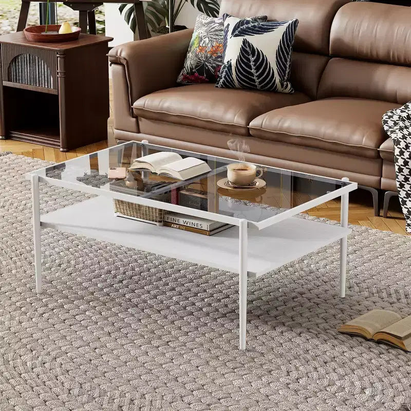 Rectangle Coffee Table with Gray Tempered Glass Top and Legs, Modern Living Room Table