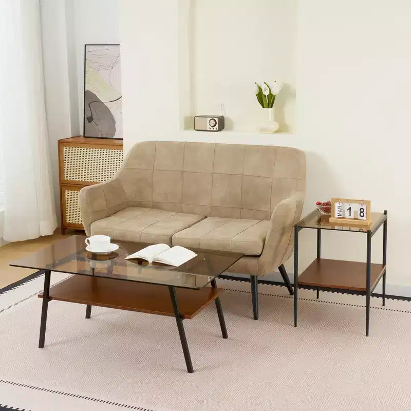 Rectangle Coffee Table with Tempered Glass Top and Metal Legs, Modern Living Room Table