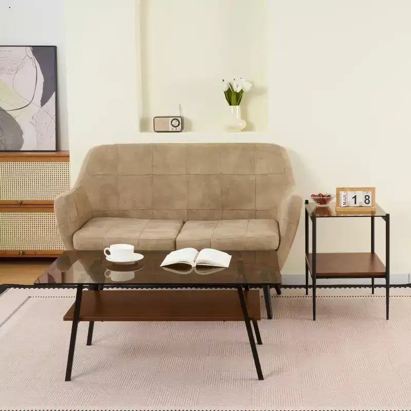 Rectangle Coffee Table with Tempered Glass Top and Metal Legs, Modern Living Room Table