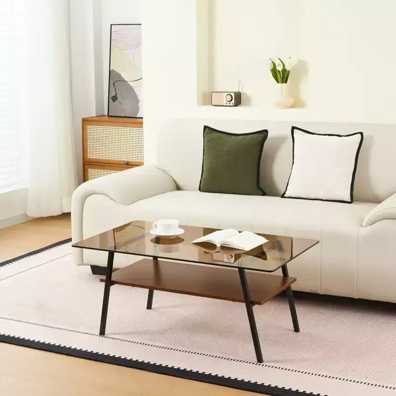 Rectangle Coffee Table with Tempered Glass Top and Metal Legs, Modern Living Room Table