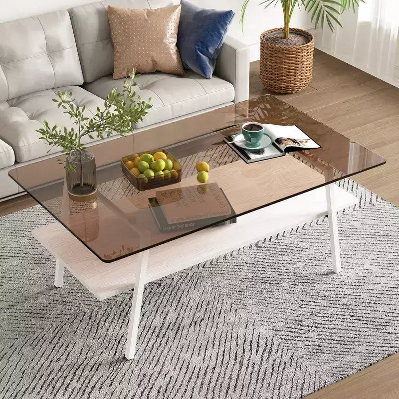 Rectangle Coffee Table with Tempered Glass Top and Metal Legs, Modern Living Room Table