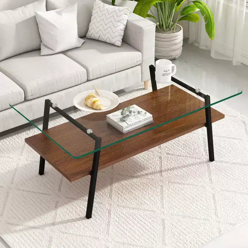 Rectangle Coffee Table with Tempered Glass Top and Metal Legs, Modern Living Room Table