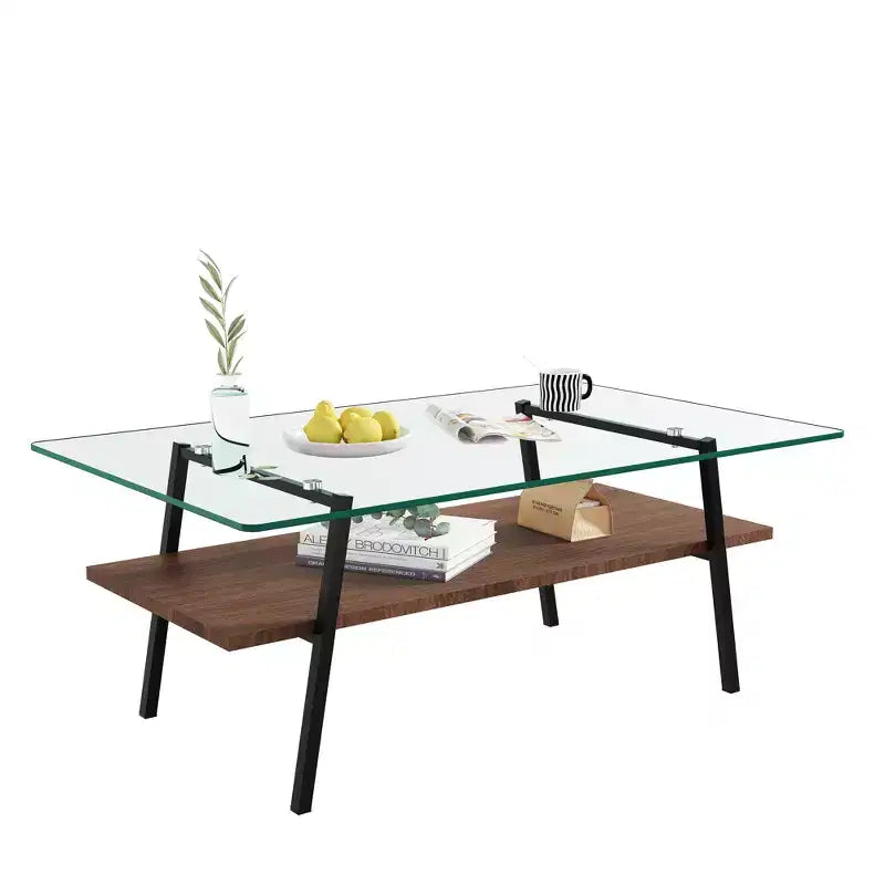Rectangle Coffee Table with Tempered Glass Top and Metal Legs, Modern Living Room Table