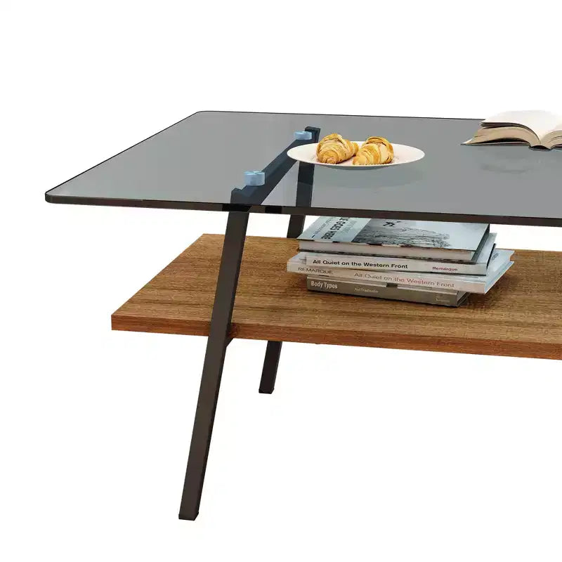 Rectangle Coffee Table with Tempered Glass Top and Metal Legs, Modern Living Room Table