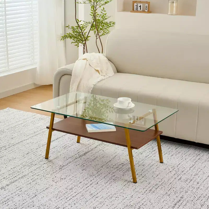 Rectangle Coffee Table with Tempered Glass Top and Metal Legs, Modern Living Room Table