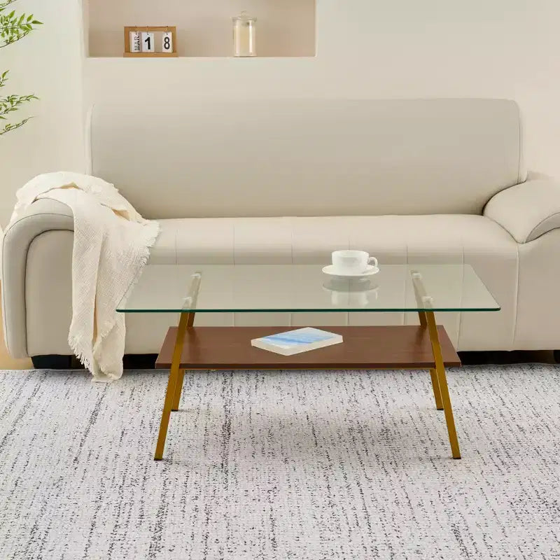 Rectangle Coffee Table with Tempered Glass Top and Metal Legs, Modern Living Room Table