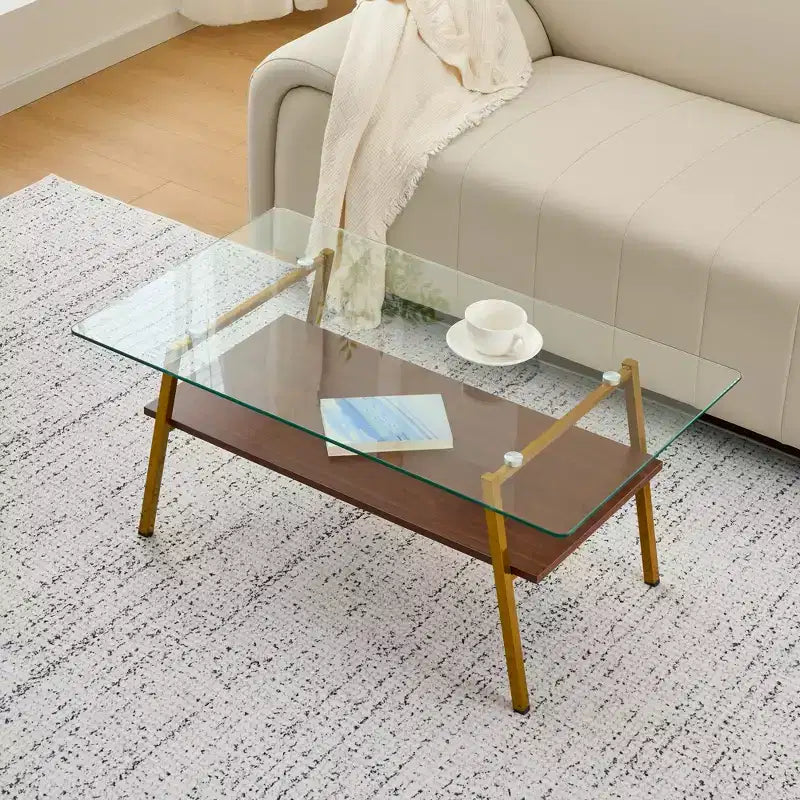 Rectangle Coffee Table with Tempered Glass Top and Metal Legs, Modern Living Room Table