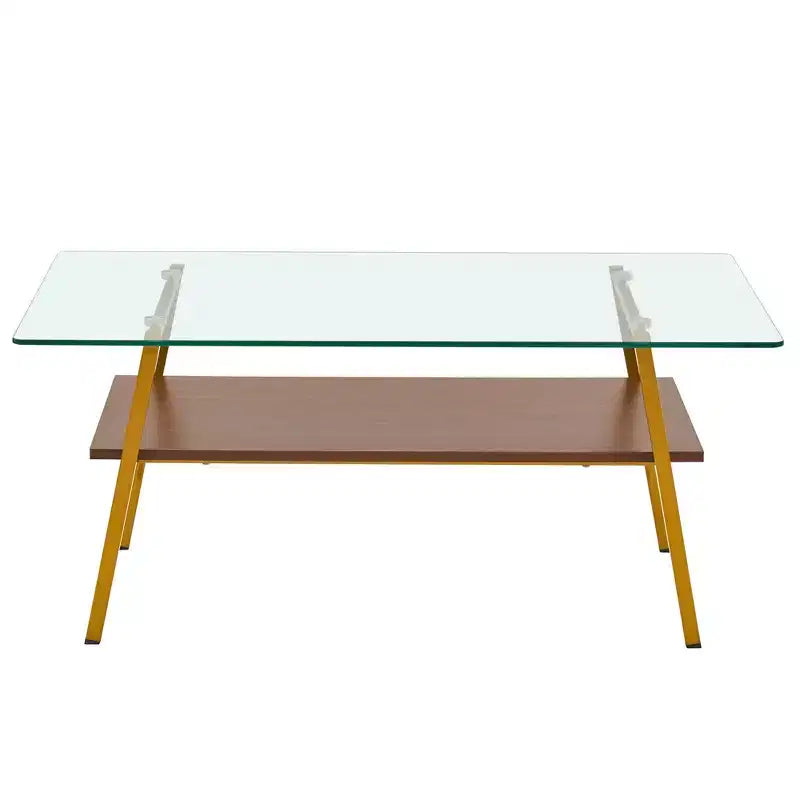 Rectangle Coffee Table with Tempered Glass Top and Metal Legs, Modern Living Room Table