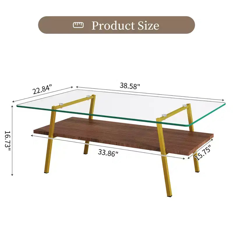 Rectangle Coffee Table with Tempered Glass Top and Metal Legs, Modern Living Room Table