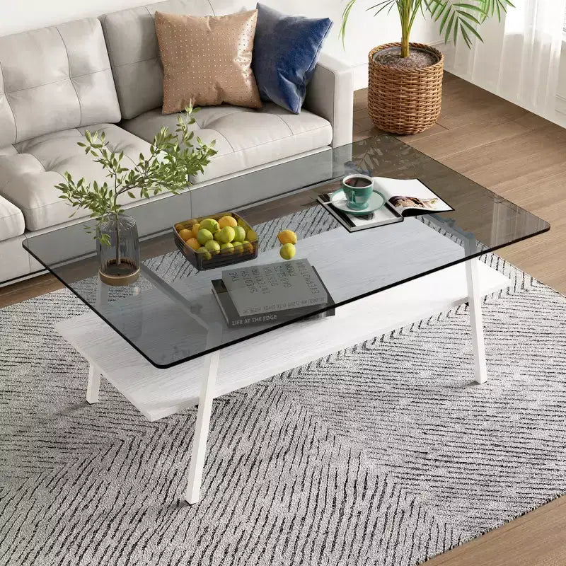 Rectangle Coffee Table with Tempered Glass Top and Metal Legs, Modern Living Room Table