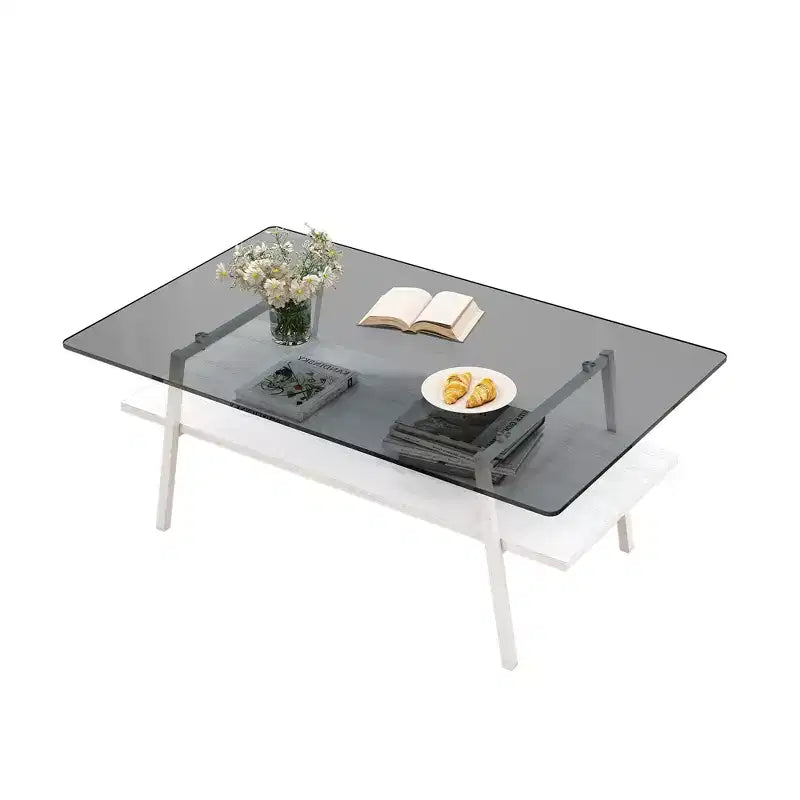 Rectangle Coffee Table with Tempered Glass Top and Metal Legs, Modern Living Room Table