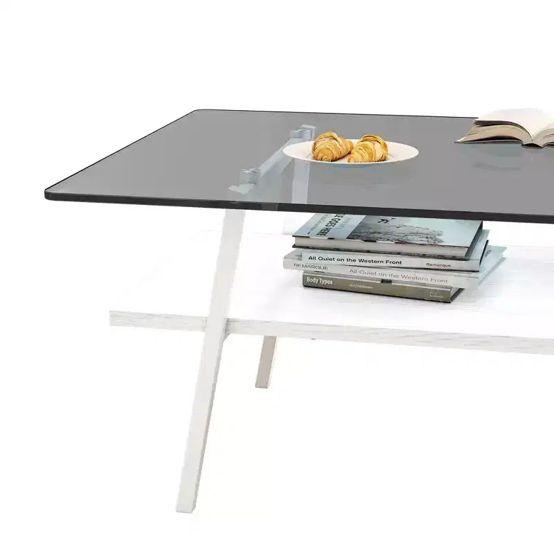 Rectangle Coffee Table with Tempered Glass Top and Metal Legs, Modern Living Room Table