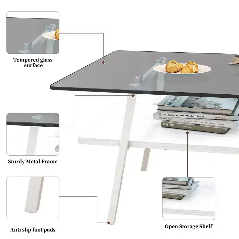 Rectangle Coffee Table with Tempered Glass Top and Metal Legs, Modern Living Room Table