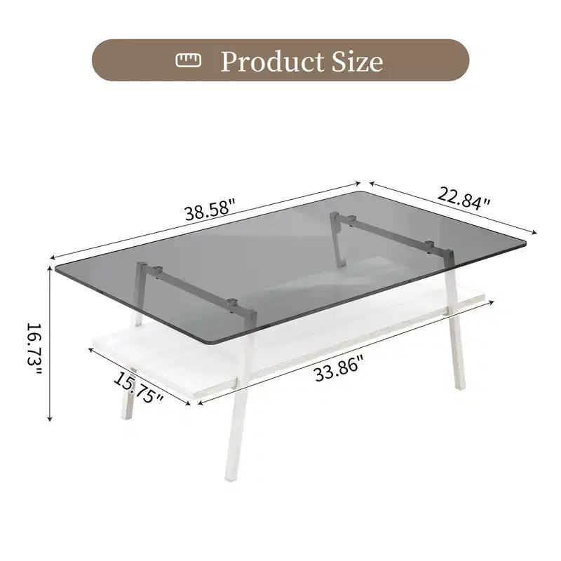 Rectangle Coffee Table with Tempered Glass Top and Metal Legs, Modern Living Room Table