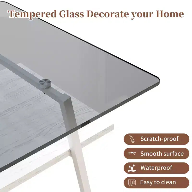 Rectangle Coffee Table with Tempered Glass Top and Metal Legs, Modern Living Room Table