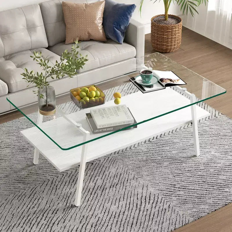 Rectangle Coffee Table with Tempered Glass Top and Metal Legs, Modern Living Room Table