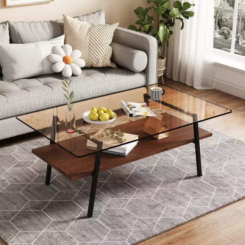 Rectangle Coffee Table with Tempered Glass Top and Metal Legs, Modern Living Room Table