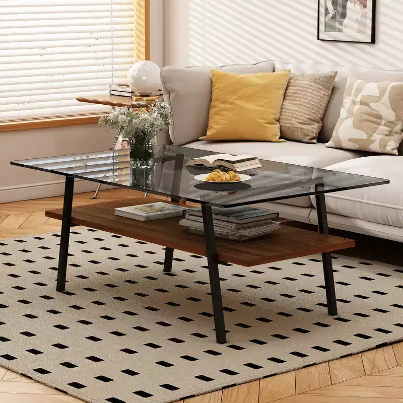 Rectangle Coffee Table with Tempered Glass Top and Metal Legs, Modern Living Room Table