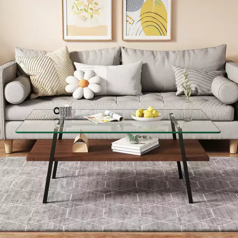 Rectangle Coffee Table with Tempered Glass Top and Metal Legs, Modern Living Room Table
