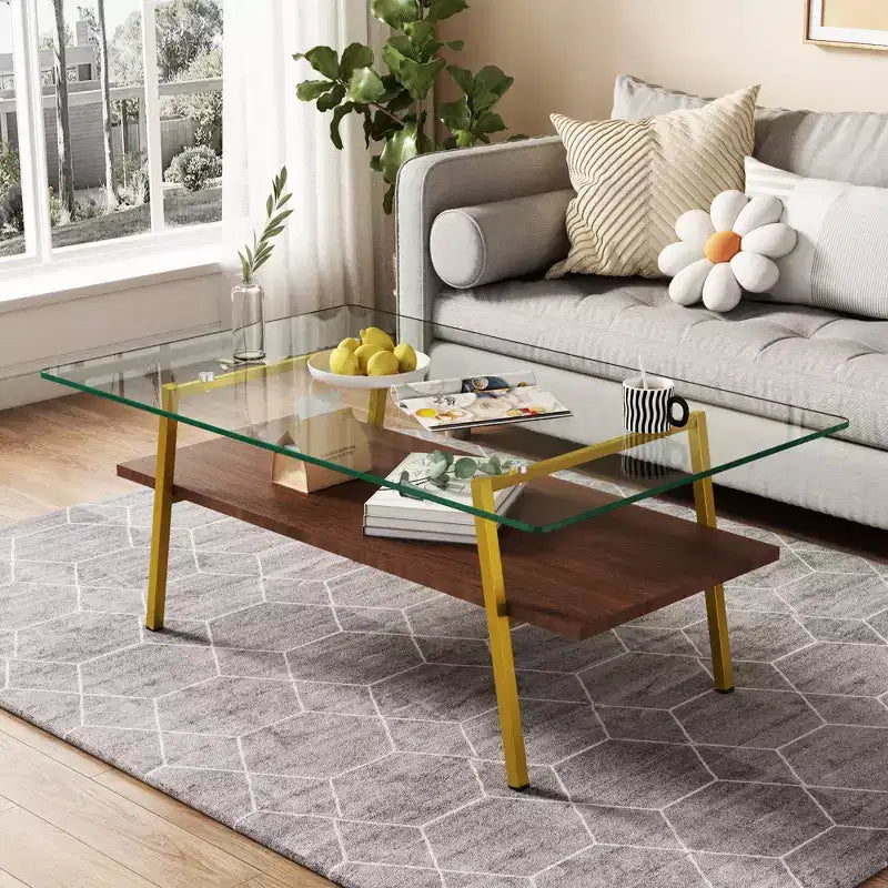 Rectangle Coffee Table with Tempered Glass Top and Metal Legs, Modern Living Room Table