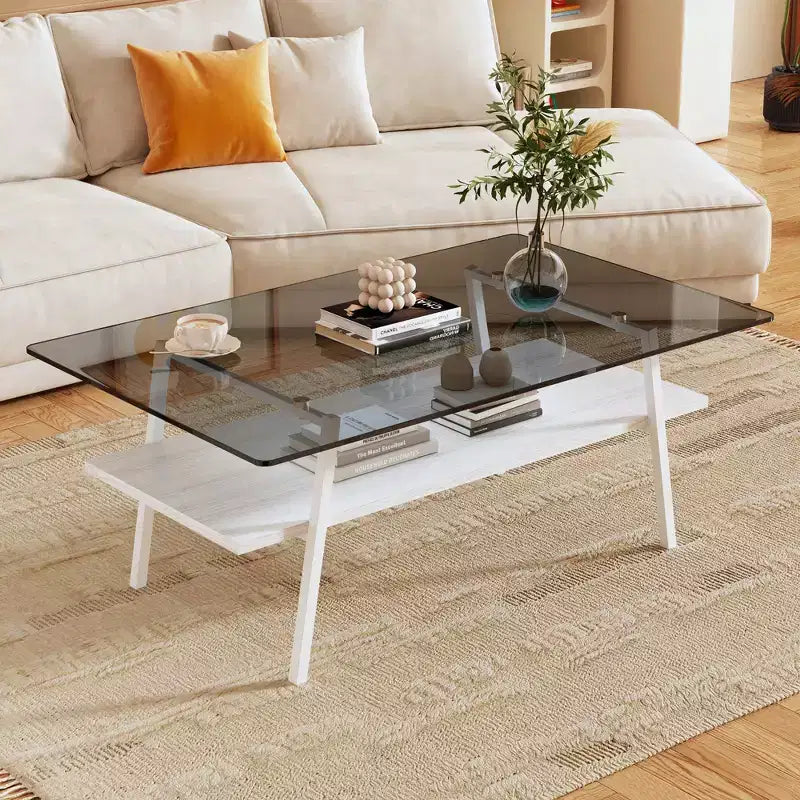 Rectangle Coffee Table with Tempered Glass Top and Metal Legs, Modern Living Room Table