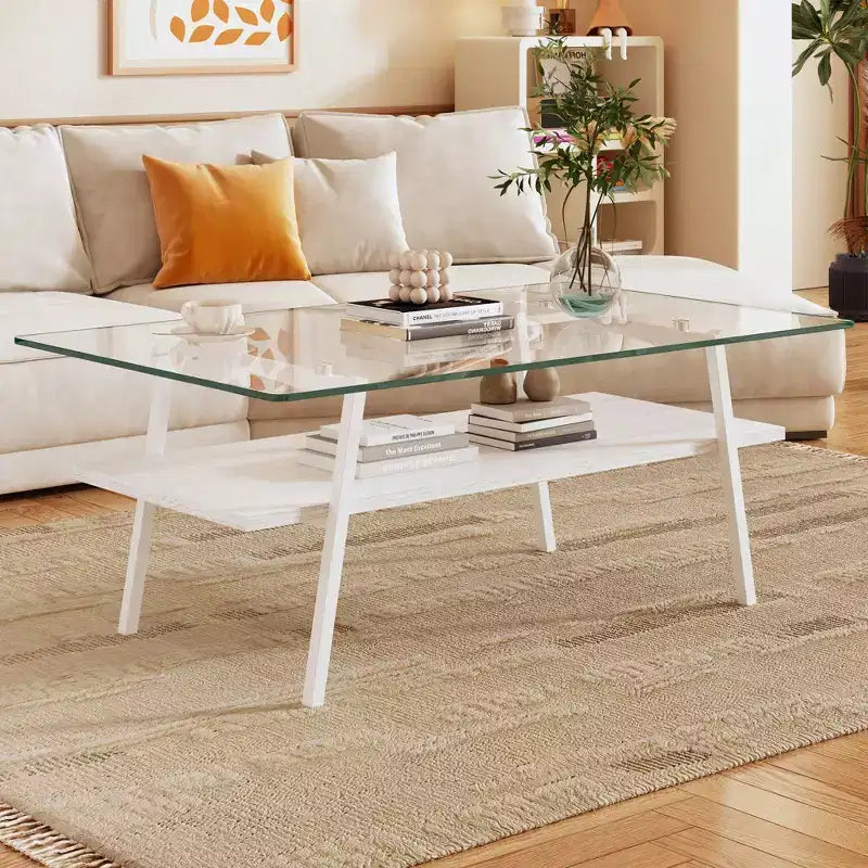 Rectangle Coffee Table with Tempered Glass Top and Metal Legs, Modern Living Room Table