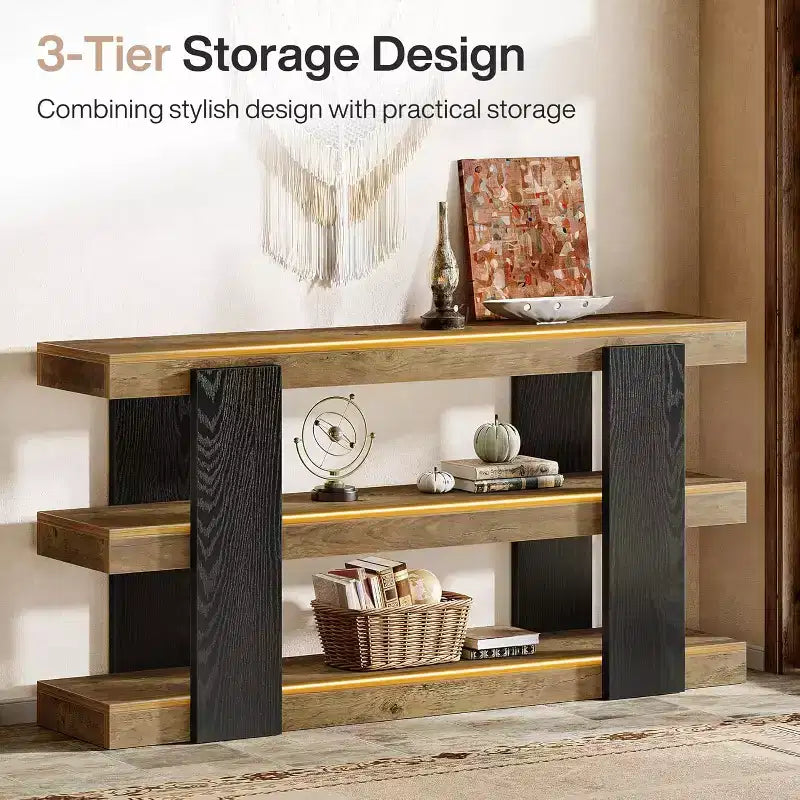 63 Console Table, 3-Tier Entryway Table with Storage, Wood Sofa Table Behind Couch for Entryway, Living Room, Hallway