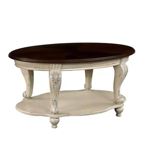 42'' oval wood coffee table with 2-Tiers and Open Storage Shelf for Living Room, Beige and Espresso Top