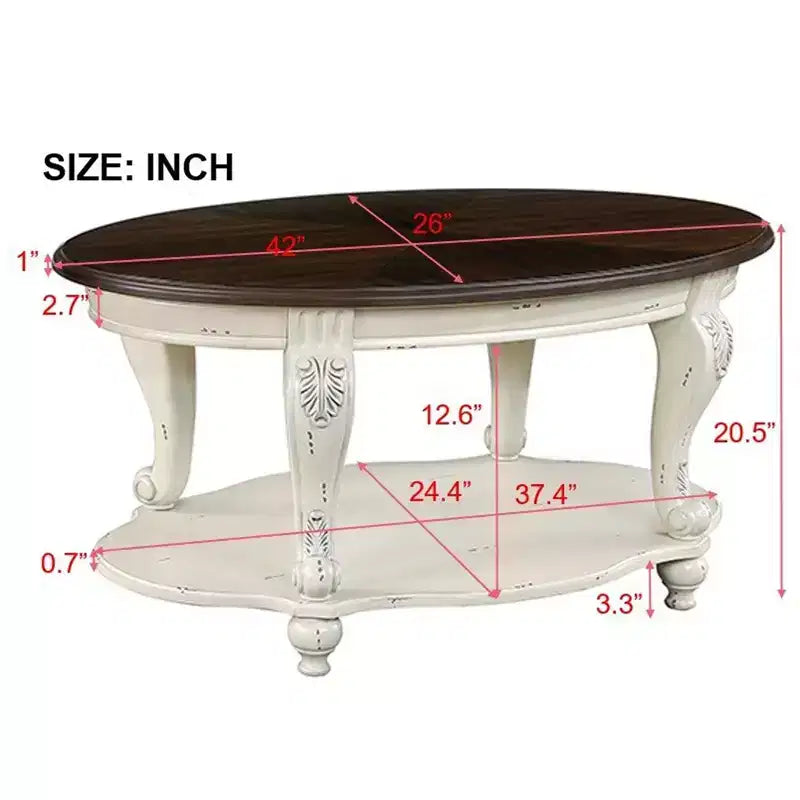 42'' oval wood coffee table with 2-Tiers and Open Storage Shelf for Living Room, Beige and Espresso Top