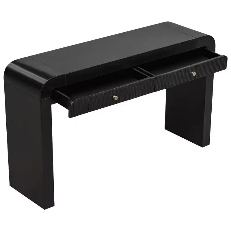 Rustic Console Table with Fluted Drawer Front, Curved Corners and Thick Legs for Hallway and Living Room, Black