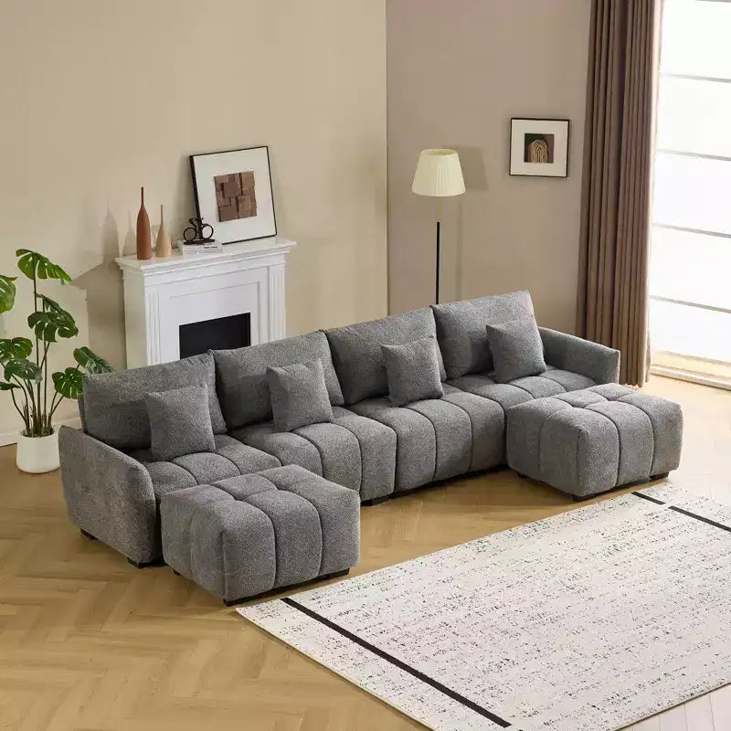 140 in.W Round Arm Boucle L-shaped American Tufed Sofa in Green with Ottoman