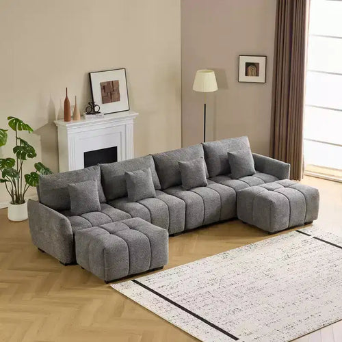 140 in.W Round Arm Boucle L-shaped American Tufed Sofa in Green with Ottoman