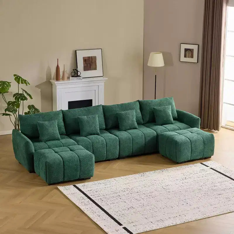 140 in.W Round Arm Boucle L-shaped American Tufed Sofa in Green with Ottoman