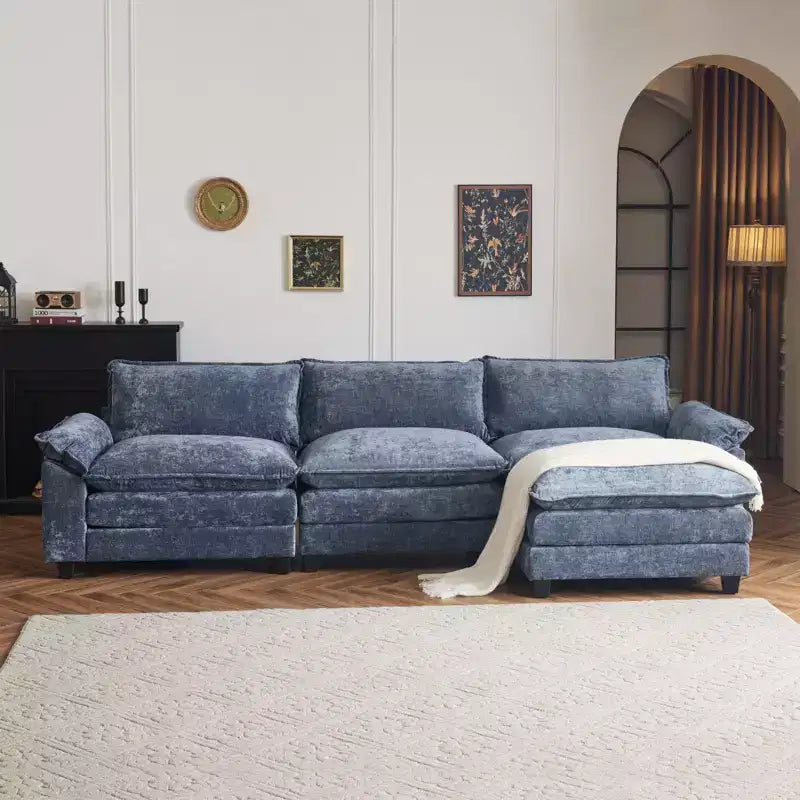 120 in. W Pillow Top Arm Double-layer Cushion Chenille Sofa in Blue With Ottoman