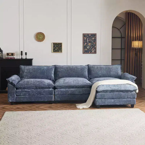 120 in. W Pillow Top Arm Double-layer Cushion Chenille Sofa in Blue With Ottoman