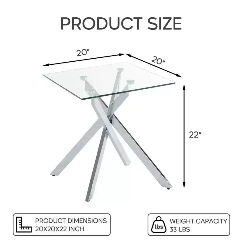 Modern Glass Side Table with Tempered Top and Metal Legs for Living Room