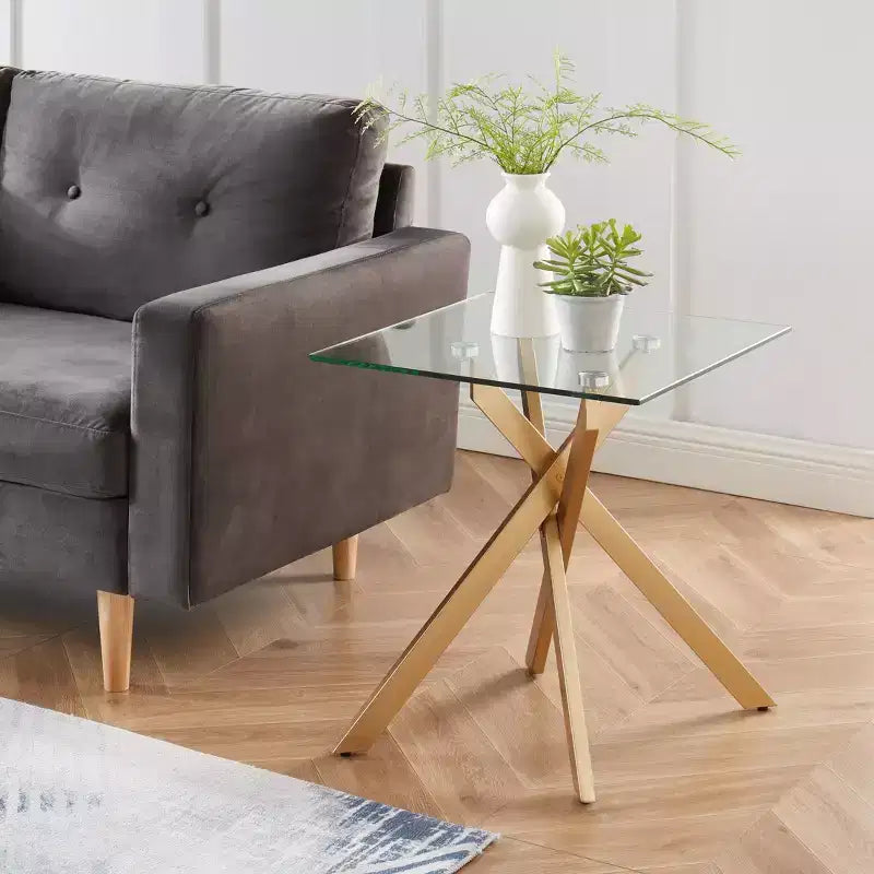 Modern Glass Side Table with Tempered Top and Metal Legs for Living Room