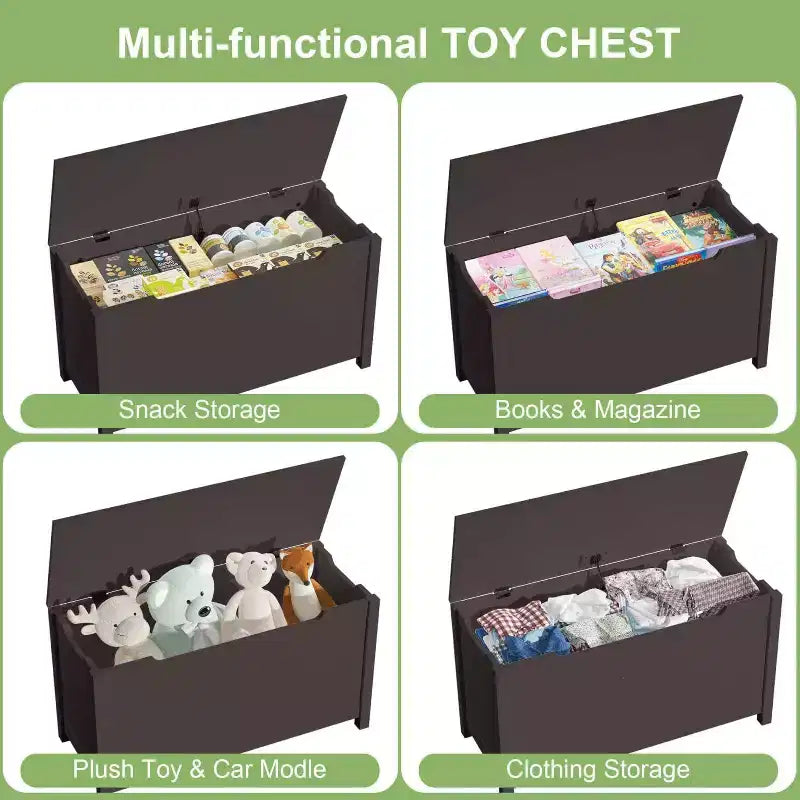 Wooden Toy Box Storage with Safety Hinge, Kids Toy Chest Bench with Lid for Bedroom, Playroom, Living Room, 31.5x13x16.7 Dark Brown