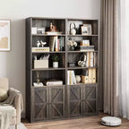 Acekool 71.4 Grey Bookcase with Doors, 6-Shelf Industrial Farmhouse Bookshelf, Deep Storage Display Cabinet, 2-Pack
