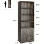 Bibliothèque grise avec portes 71,4 pouces, étagère industrielle de style ferme à 6 niveaux, armoire de rangement profonde
