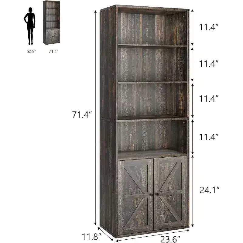 71.4 Grey Bookcase with Doors, 6-Shelf Industrial Farmhouse Bookshelf, Deep Storage Display Cabinet