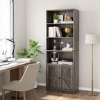 Bibliothèque grise avec portes 71,4 pouces, étagère industrielle de style ferme à 6 niveaux, armoire de rangement profonde