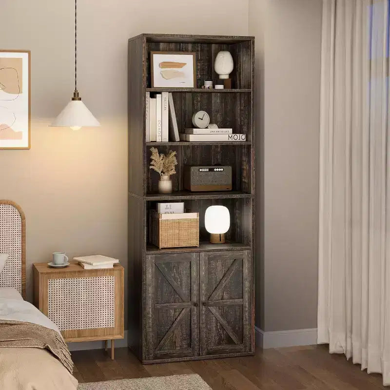 71.4 Grey Bookcase with Doors, 6-Shelf Industrial Farmhouse Bookshelf, Deep Storage Display Cabinet
